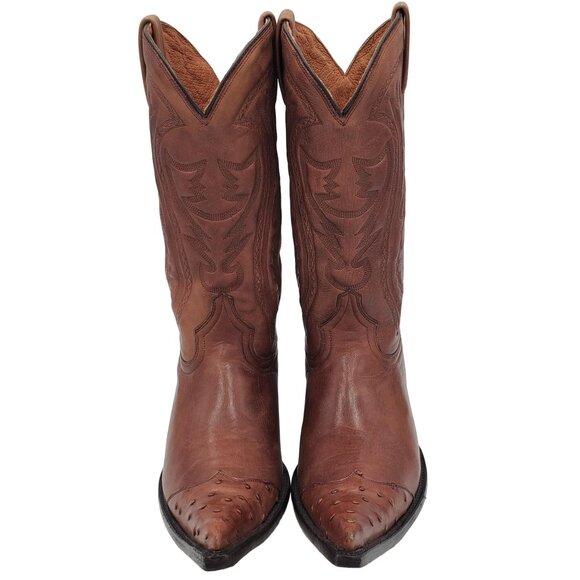 Cowboy Boots 8M Brown Ostrich Pointed Toe Leather Cowboy Western Black Rooster - Picture 3 of 16